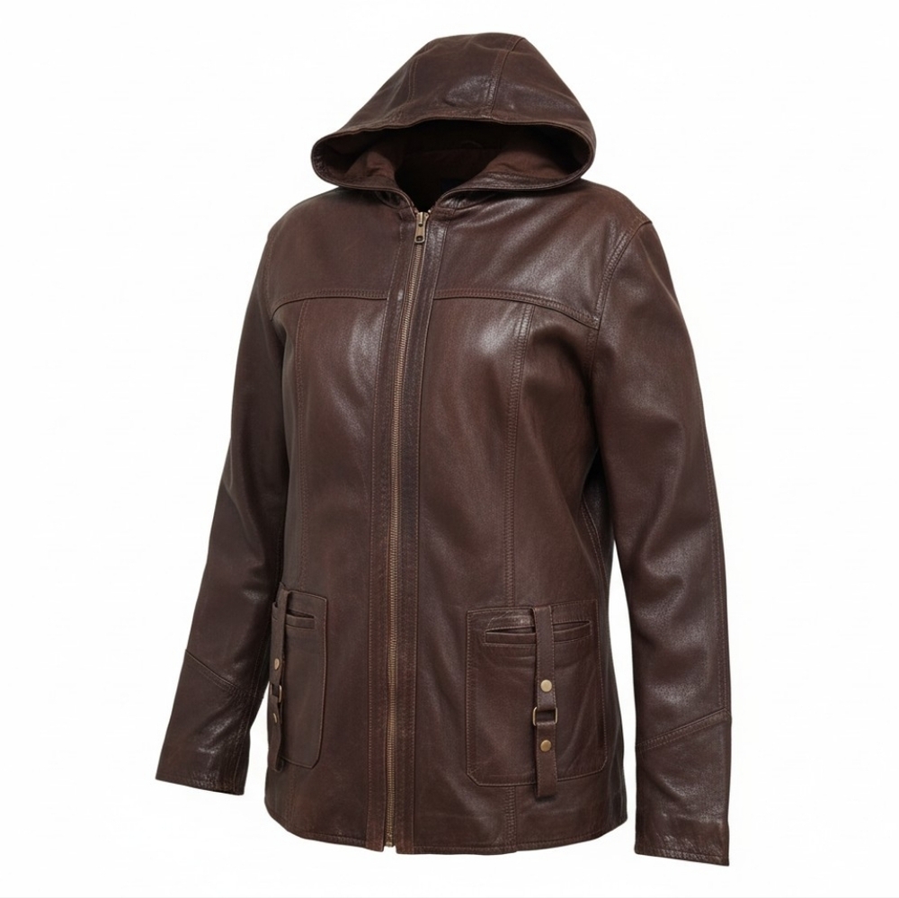 Maybe Reversible Leather Suede Hooded Jacket Brown Women's Small